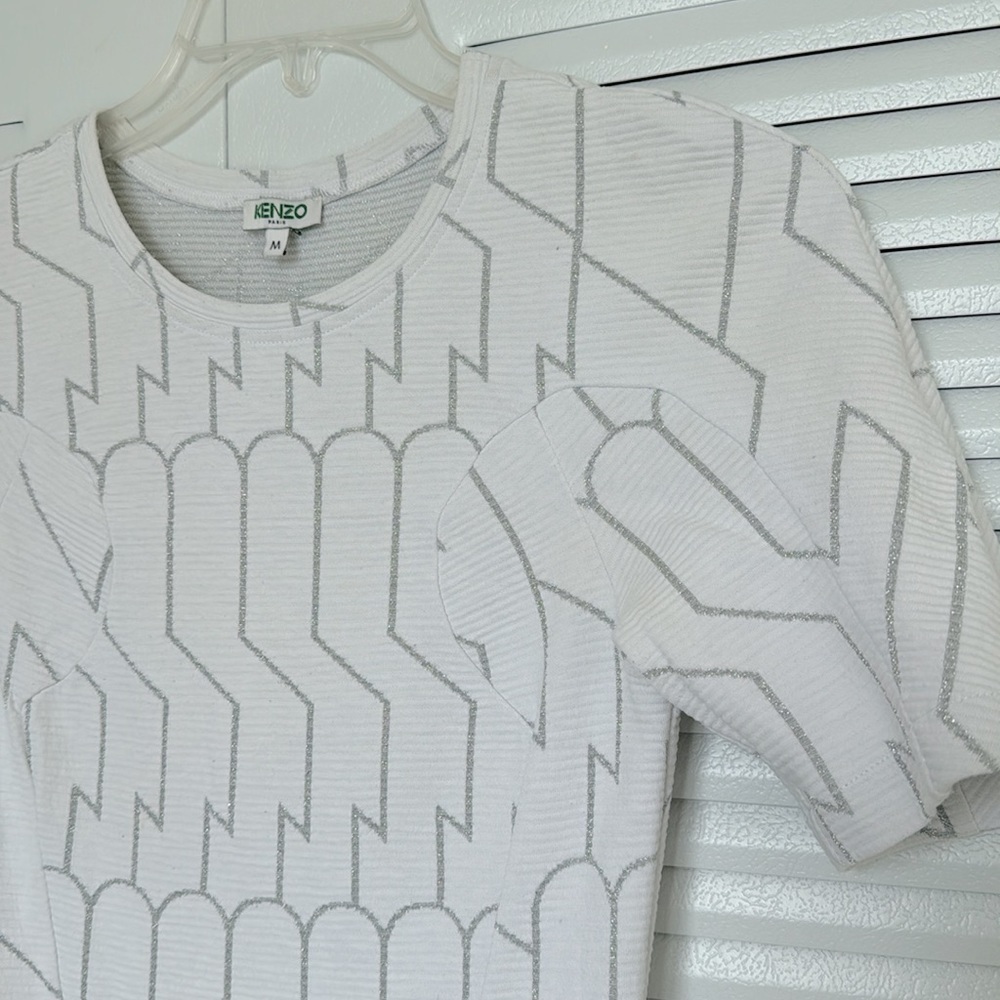KENZO Paris Dress, Size M, White & Silver Cotton Ribbed Abstract Glitter Dress - Picture 6 of 13